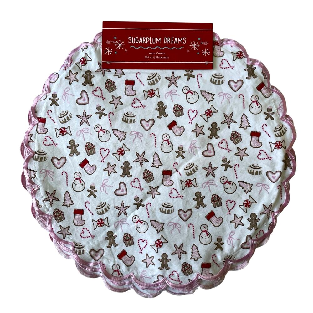 Christmas Gingerbread Cookie Placemats 16" Set of 4 Cotton Embroidered NEW